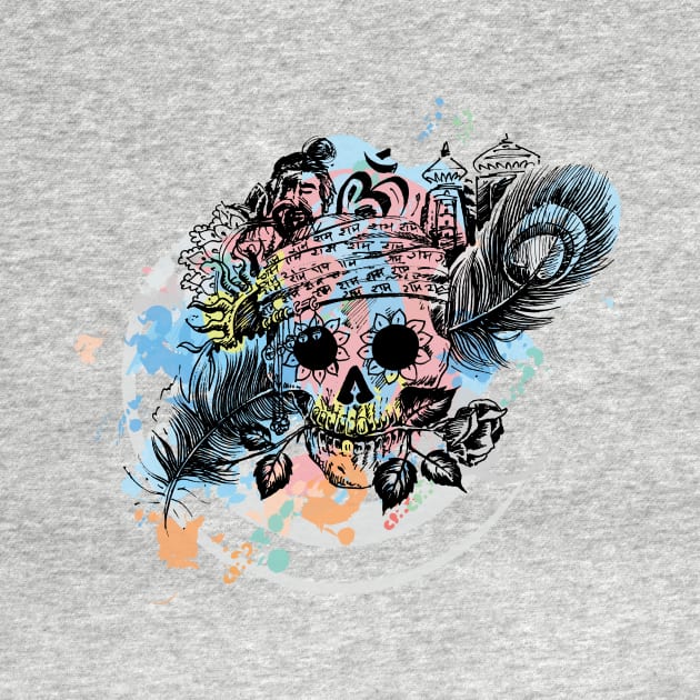 Skull with rose and peacock feathers by La Moda Tee